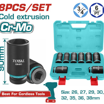 Total THKISD34082L 8-Piece 3/4" Long Black Socket Set (26-38mm)
