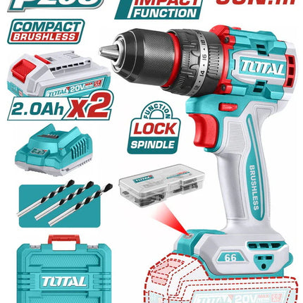 TOTAL TIDLI20668E Professional Cordless Impact Drill - 20V - 66Nm Torque - Brushless Motor - Includes 2x 2.0Ah Batteries and Fast Charger